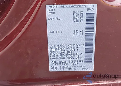 2025 Nissan Altima Sv из США, поврежденный, VIN 1N4BL4DVXSN325862